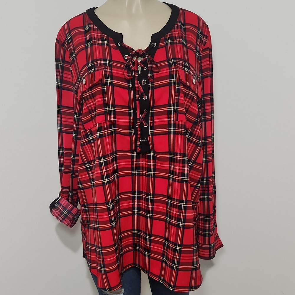 Nygard Red Plaid Lace-Up Blouse Roll Tab Sleeves Saze XL